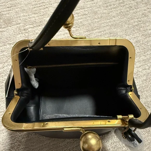 Coach black leather kisslock frame bag 16 top handle crossbody - Picture 3 of 6